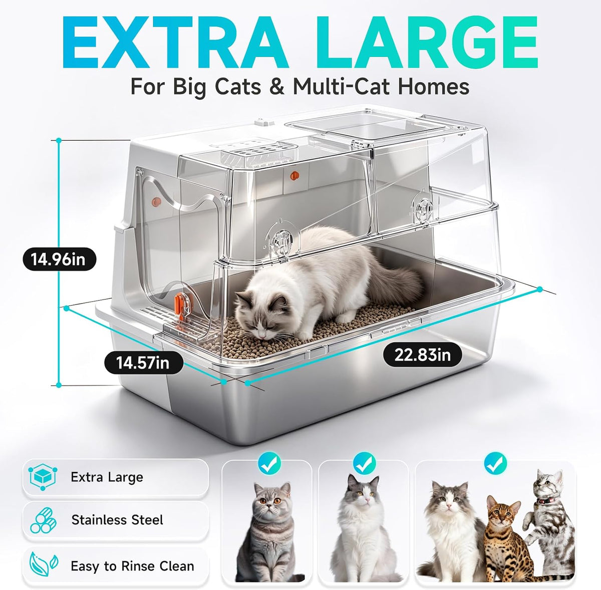 XL Enclosed Stainless Steel Litter Box, Grey