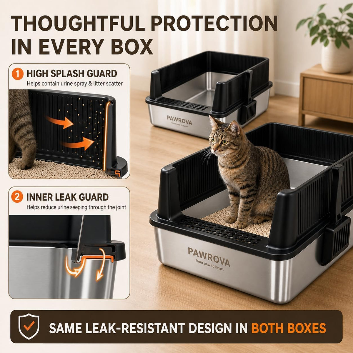 304 Stainless Steel Litter Box 2 Pack, XL Open Top with High Sides