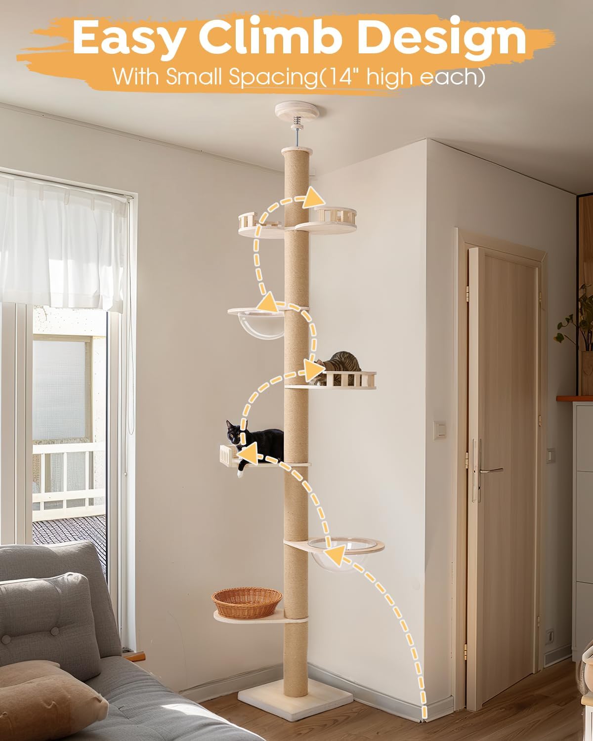 Veehoo Floor to Ceiling Cat Tree,102-122" Adjustable Tall Tension Cat Tower