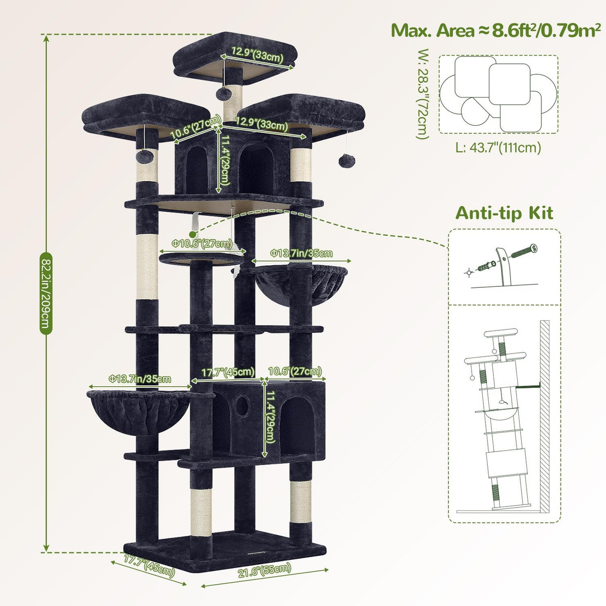 Globlazer Cat Tree Tower for Multiple Adult Cats, 82in, F82, Dark Grey