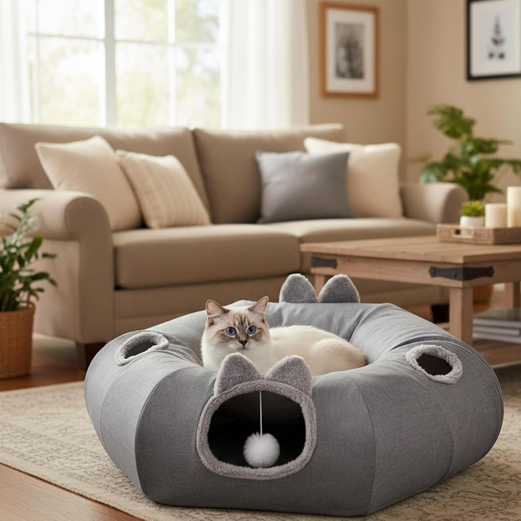 Odoland Linen Cat Tunnels & Central Cat Bed with 9 Interactive Cat Toys