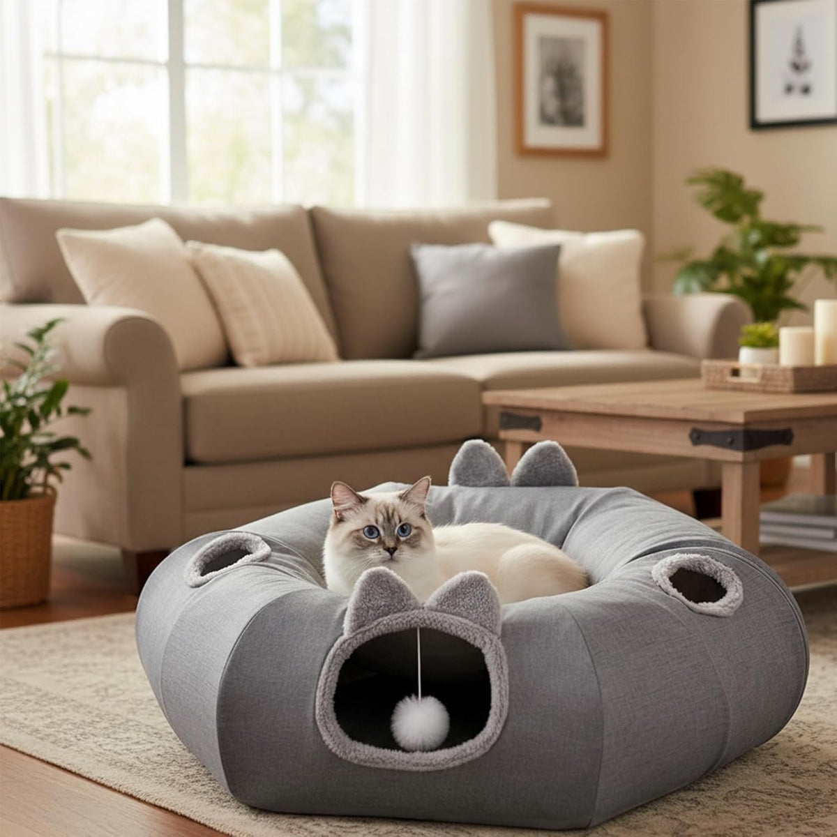 Odoland Linen Cat Tunnels & Central Cat Bed with 9 Interactive Cat Toys