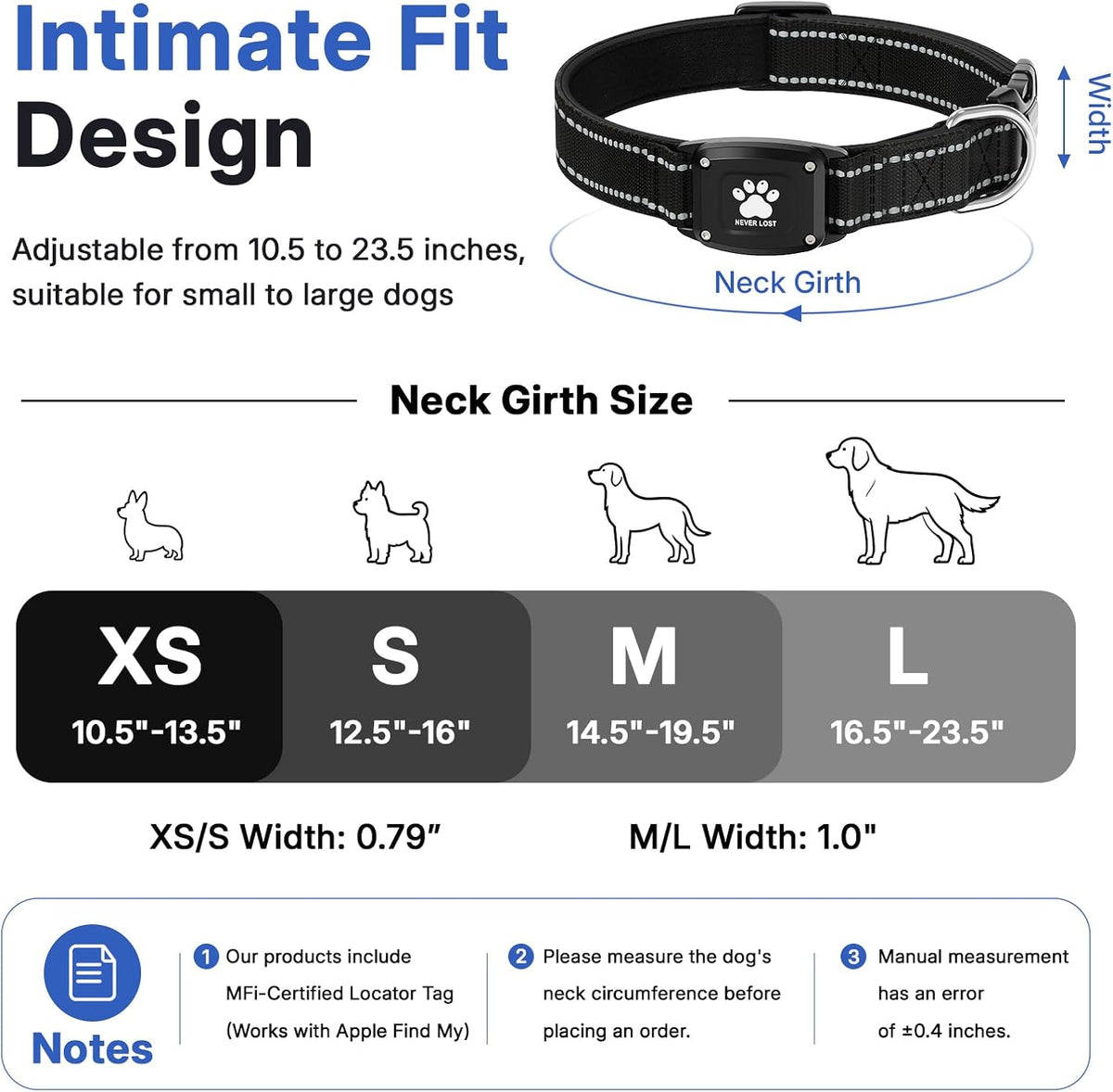 GPS Dog Collar with Tracker, Waterproof, No Monthly Fee, Black, XS