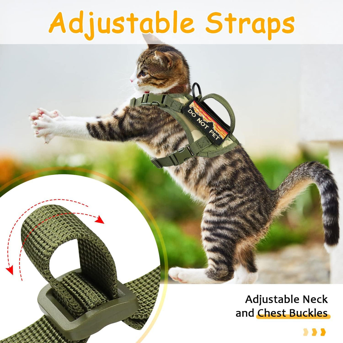 Tactical Cat Harness for Walking, Adjustable Escape-Resistant Vest with Handle and MOLLE Panels, Breathable Harness for Large Cats, Harness Only, Camo Green, L