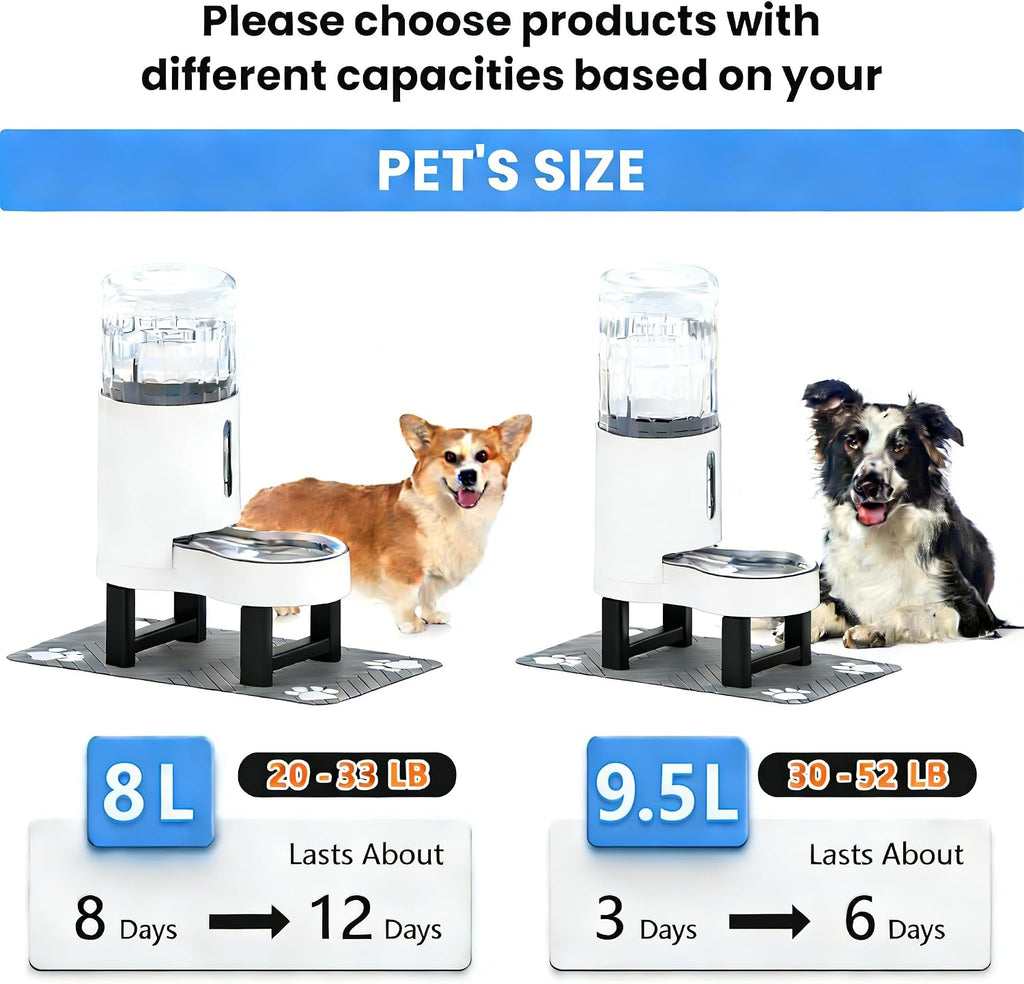 CZPET Gravity Dog Water Bowl Dispenser, Wider Mouth (8L+Stand+Mat, White)