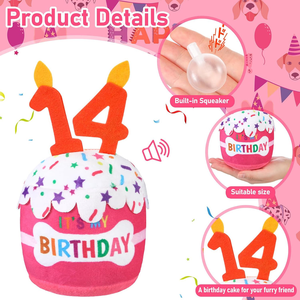 Dansydaisy Dog Birthday Cake Toy Squeaky Plush Gift,14th,Pink | Interactive Squeaky Gift for Dogs, Dog Birthday Decor , Soft Chew for Small Medium Large Pets, Cake Design with Candle