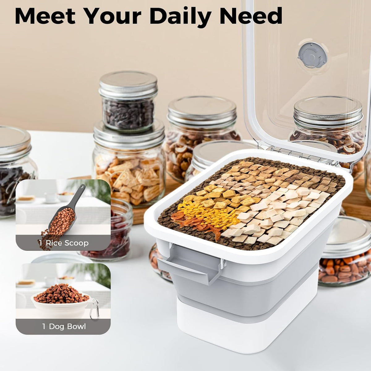 10-13Lbs Airtight Dog Food Storage Container,Collapsible Dog Food Container | Clear Pet Food Storage Container with Double Airtight Seal for Freshness,Cat Food Container One-handed Open,Save Space,Scoop