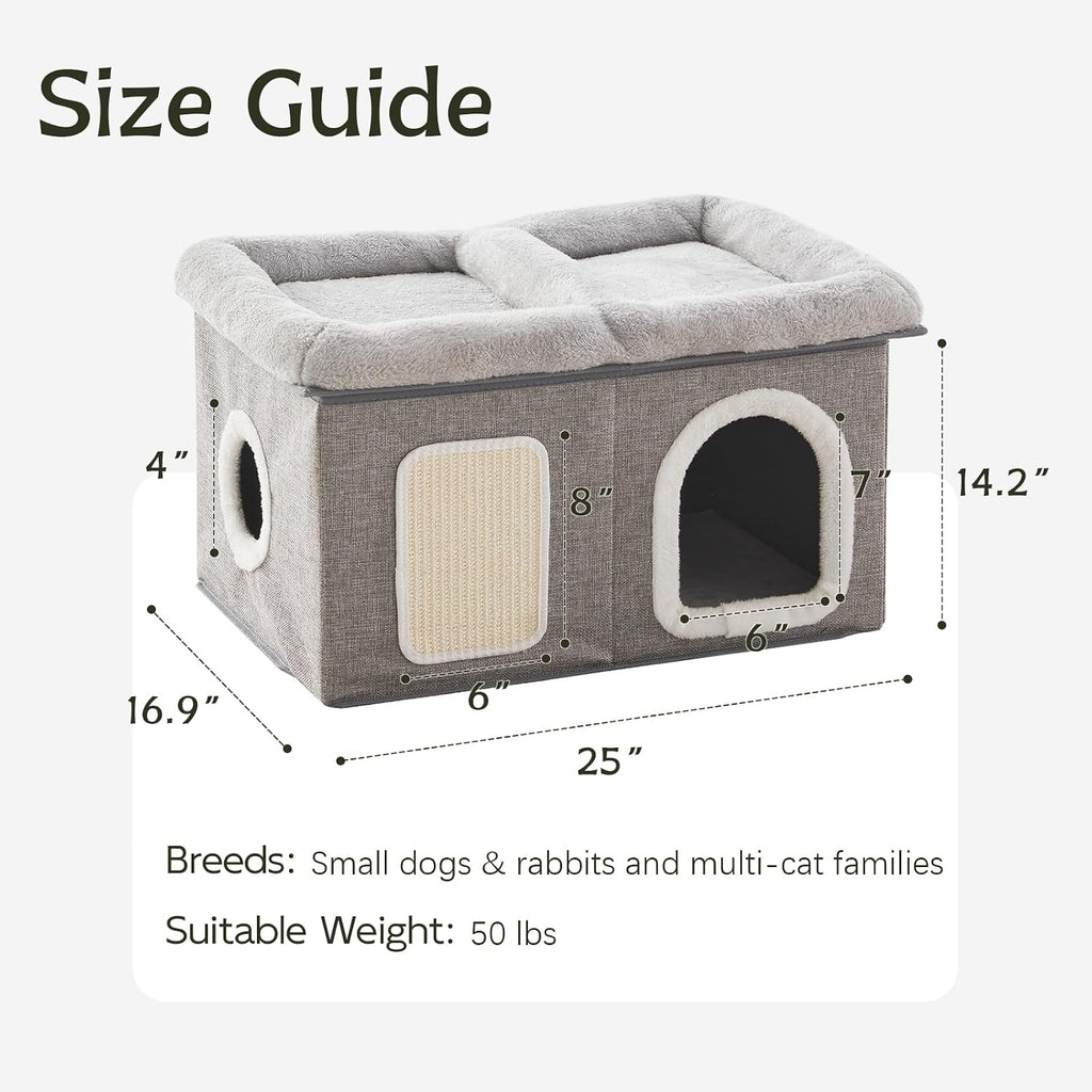WINDRACING Cat Beds for Indoor Cats - Extra Wide Cats House for Pet and Foldable Kitten Cave Bed with Scratch Pad, Cat Hideaway Condo for Kitten, 25x16.9x14.2 inches, Light Grey