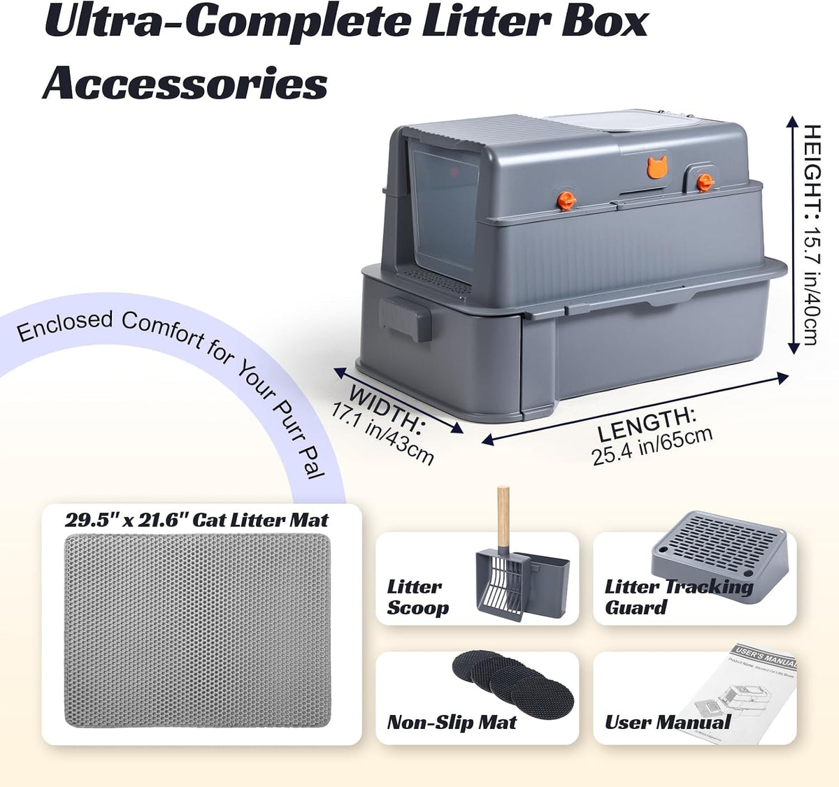 Stainless Steel Enclosed Cat Litter Box with Drawer, Extra Large Kitty Litter Box with Lid and Mat, Front & Top Entry Metal Cat Box for Big Cats, Odor Control, Easy to Clean, Grey