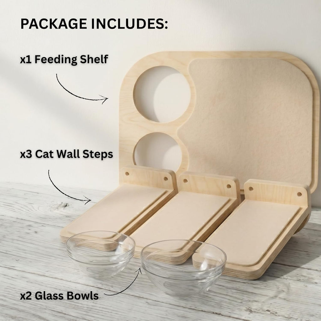 INICIO Cat Shelves - Feeding Shelf with 3 Cat Wall Steps - Natural Wood