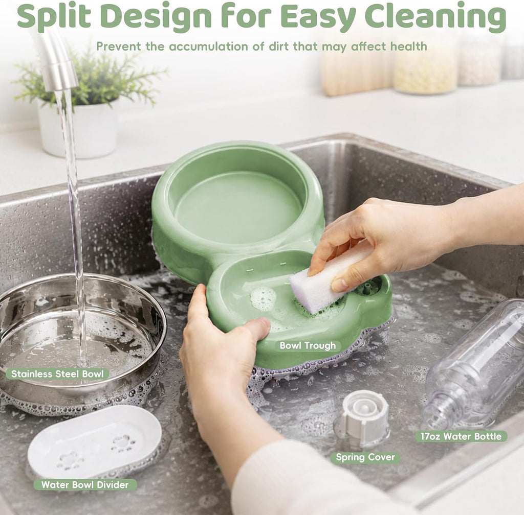 2-in-1 Dog Cat Bowl, Cat Food and Water Bowl Set, Green