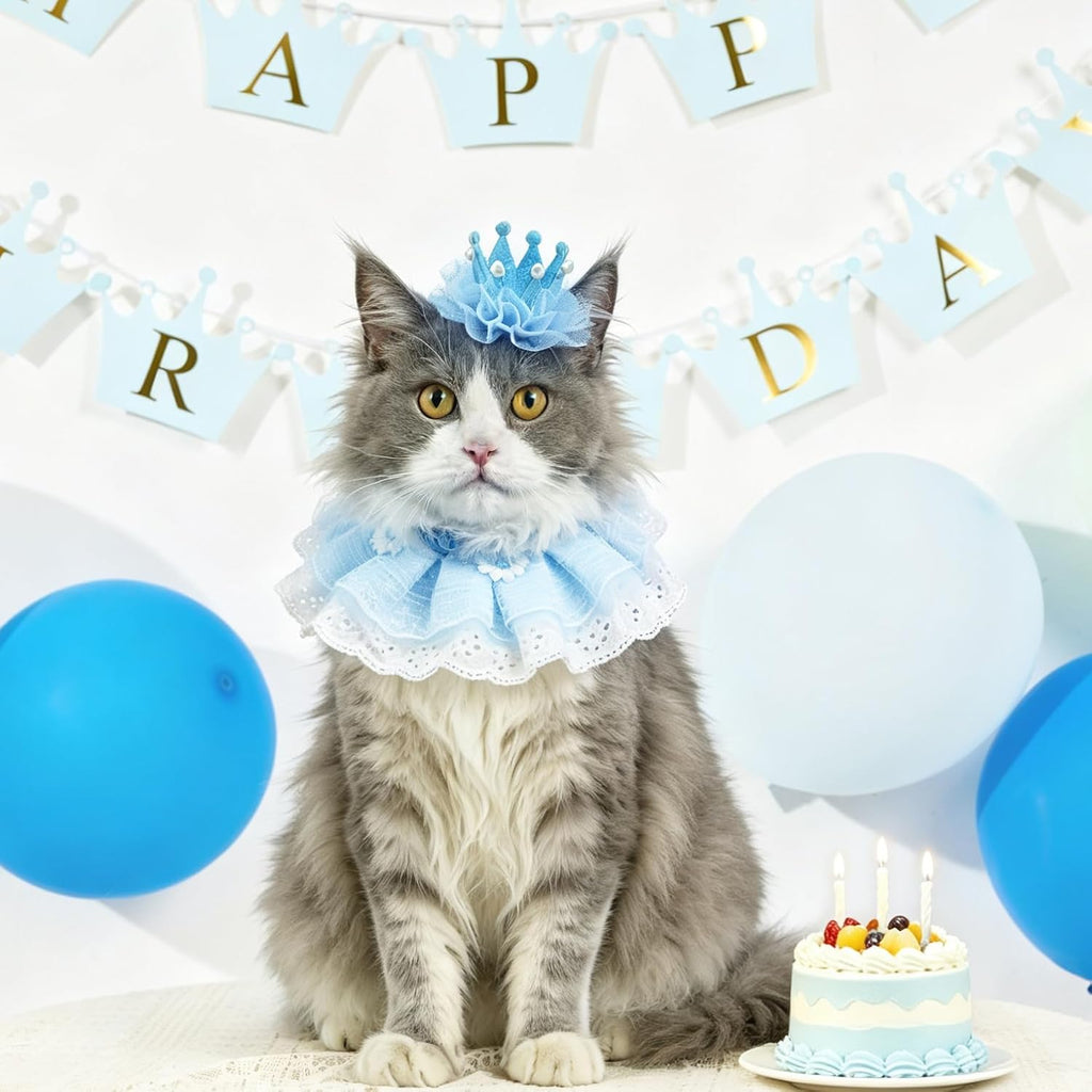 Cat Princess Costumes Cat Crown Hat & Lace Bandana Scarf Set, Puppy Party Hat for Small Dogs & Cats, Lace Outfit for Cats and Small Dogs Birthday Party (Blue)