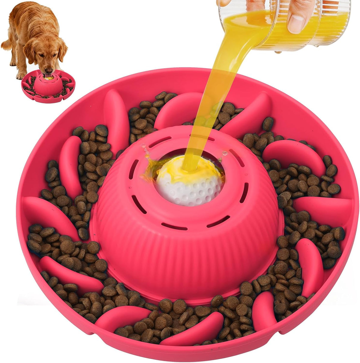 PUPPYGANG 2-in-1 Slow Feeder Dog Bowl & Dog Lick Bowl for Medium Large Dogs, Silicone Puzzle Feeder with Removable Lick Ball, Suction Base Bowl for Kibble, Wet Food, Yogurt & Peanut Butter (Red)