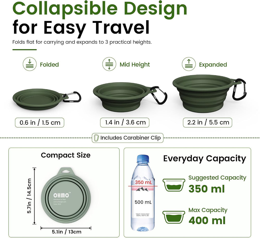OHMO Collapsible Dog Bowls for Pet Travel, 12oz, 2pcs, Camo&Sage Green | Portable Water Bowl, Cat-Friendly, BPA-Free Silicone, Foldable Storage, Lightweight Carry, Hiking&Camping Gear, Easy-Clean