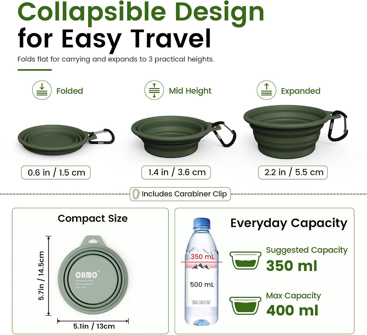 OHMO Collapsible Dog Bowls for Pet Travel, 12oz, 2pcs, Camo&Sage Green | Portable Water Bowl, Cat-Friendly, BPA-Free Silicone, Foldable Storage, Lightweight Carry, Hiking&Camping Gear, Easy-Clean