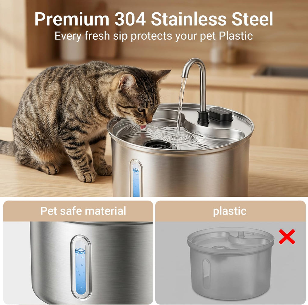 Cat Water Fountain, 118oz/3.5L Stainless Steel Cat Fountain with Ultra-Quiet Pump, LED Water Level Window, Automatic Cat Water Dispenser, 6-Layer Filtration Includes 2 Replacement Filters