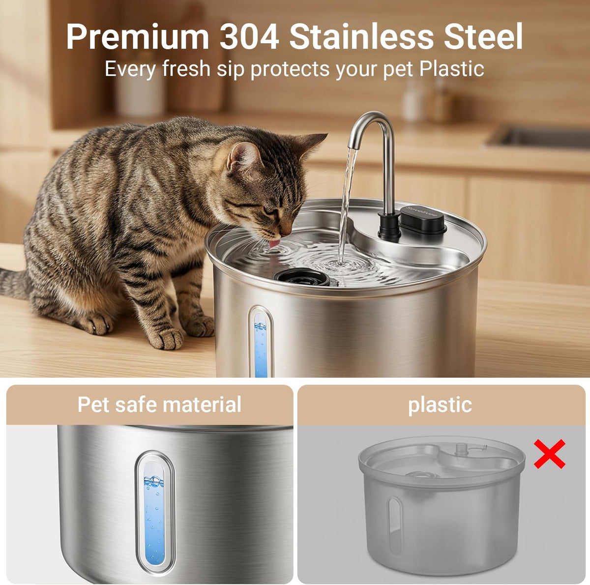 Cat Water Fountain, 118oz/3.5L Stainless Steel Cat Fountain with Ultra-Quiet Pump, LED Water Level Window, Automatic Cat Water Dispenser, 6-Layer Filtration Includes 2 Replacement Filters