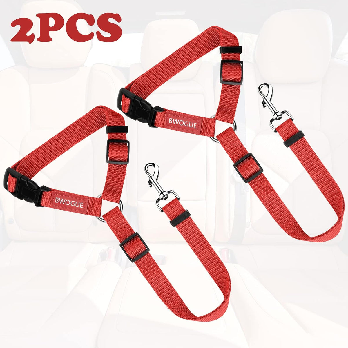 BWOGUE 2 Pack Dog Seat Belt for Car, Headrest Restraint Safety Strap, Red