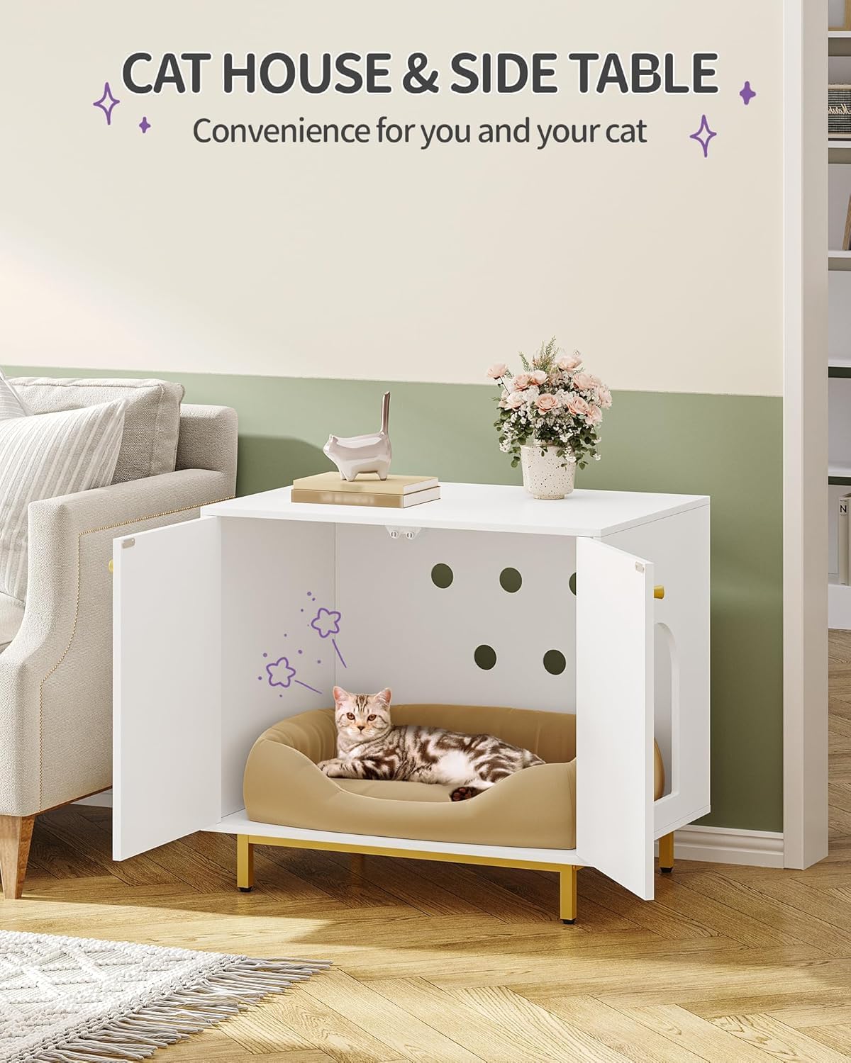 Hzuaneri Cat Litter Box Enclosure, Hidden Litter Box Furniture, Sisal Mat | Wooden Indoor Cat Cabinet, Modern Cat Washroom, Side End Table, for Living Room, Bedroom, White and Gold CB85003G