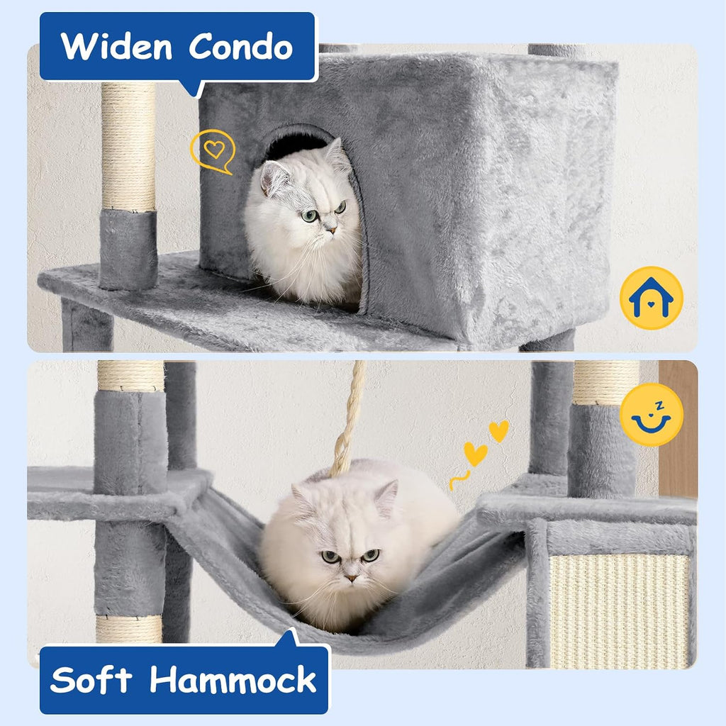 Cat Craft Cat Tree 63 Inch Cat Tower for Indoor Cats, Multi-Level Cat Tree for Large Cats 20 lbs+ Heavy Duty Cat Tower with Sisal Scratching Posts, Hammock, Condo and Extended Platform, Light Grey