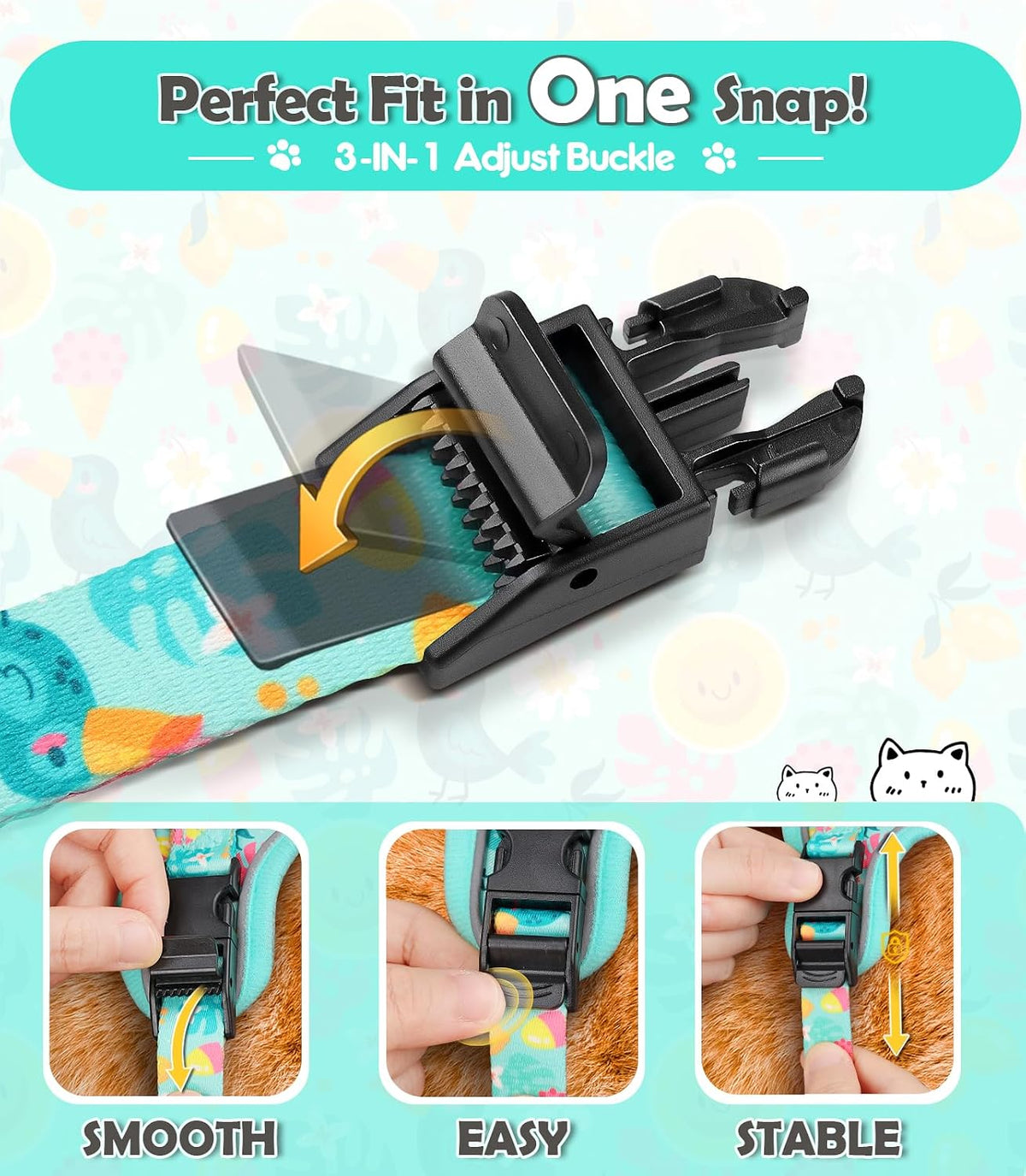 Halypet Cat Harness and Leash Set[MAX Safety 4th-Gen] Cute Escape Proof Vest Harness for Girl&Boy Cat Walking, Comfortable Adjustable Leash and Reflective Strips for Outdoor Kitten, S Green Tropics