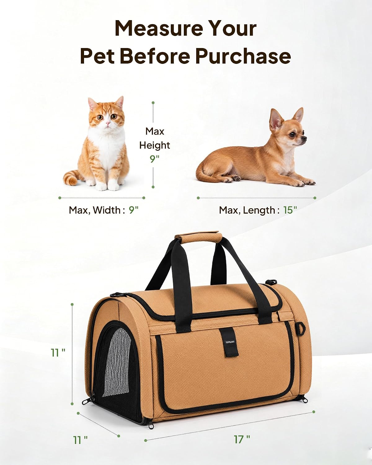 Backpackable Cat Carrier 17"x11"x11", Soft-Sided Collapsible Pet Carrier