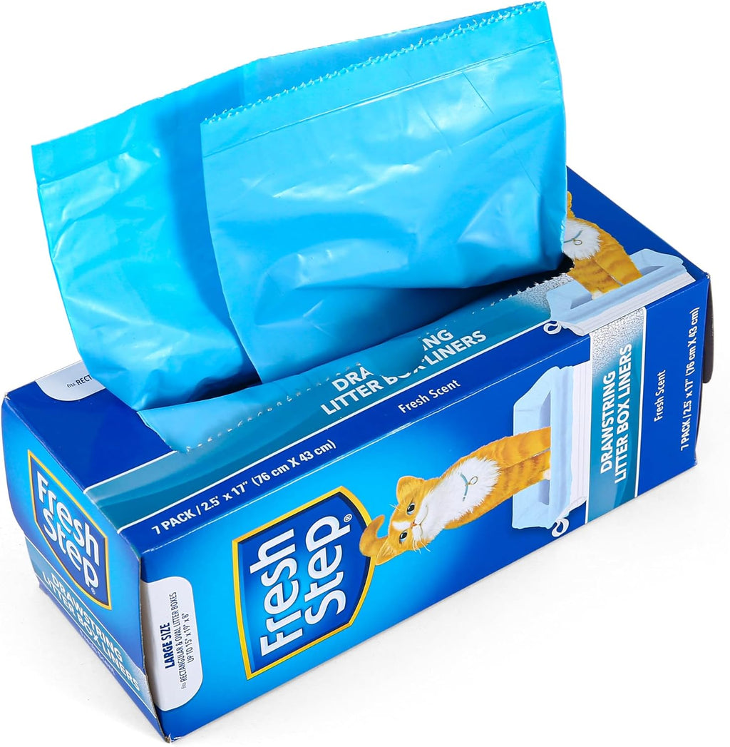 Fresh Step Drawstring Cat Litter Box Liners, Scented, 2.5 ft x 17 in, 7 Ct | Heavy-duty bags for large oval or rectangle pans, drawstring closure for easy, mess-free lift-out cleanup