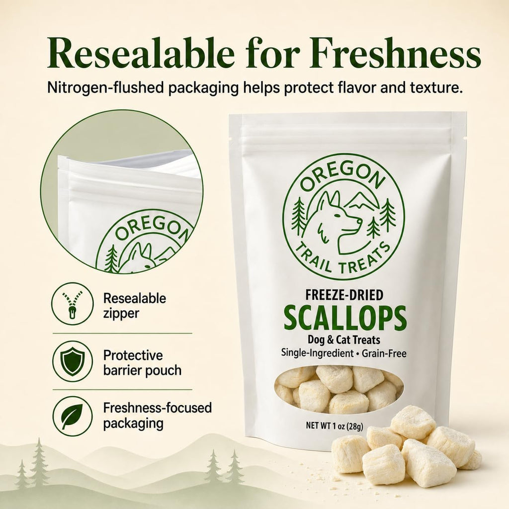 Oregon Trail Treats Freeze-Dried Scallops Dog & Cat Treats - Single Ingredient Premium Bay Scallops Grain Free 1 oz