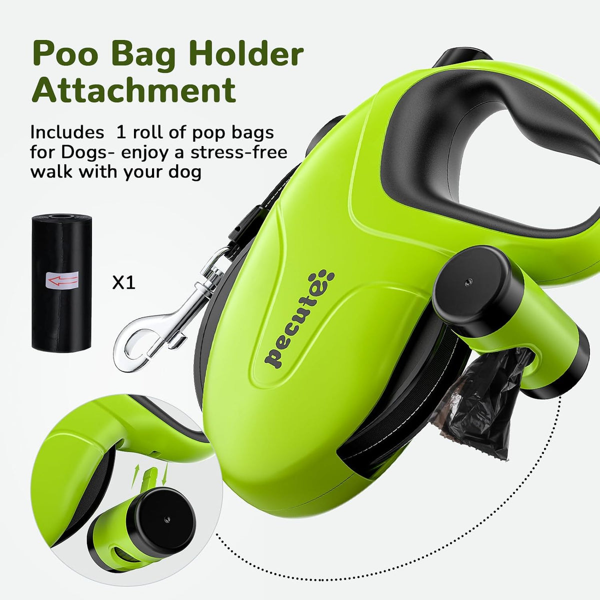 Pecute 32ft Retractable Dog Leash with Reflective Strips, 360° Tangle-Free, One-Button Control & Sturdiness Nylon Material, Long Leash Retractable with Poop Bag Holder for Medium Large Dog