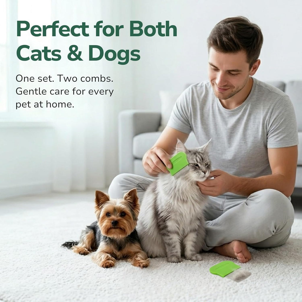 Pets&Goods Tear Stain & Flea Remover Comb Set for Dogs & Cats – Stainless Steel Eye Grooming Tool for Stains, Crust & Mucus – Gentle, Safe, Reusable – Pack of 2 (Green)