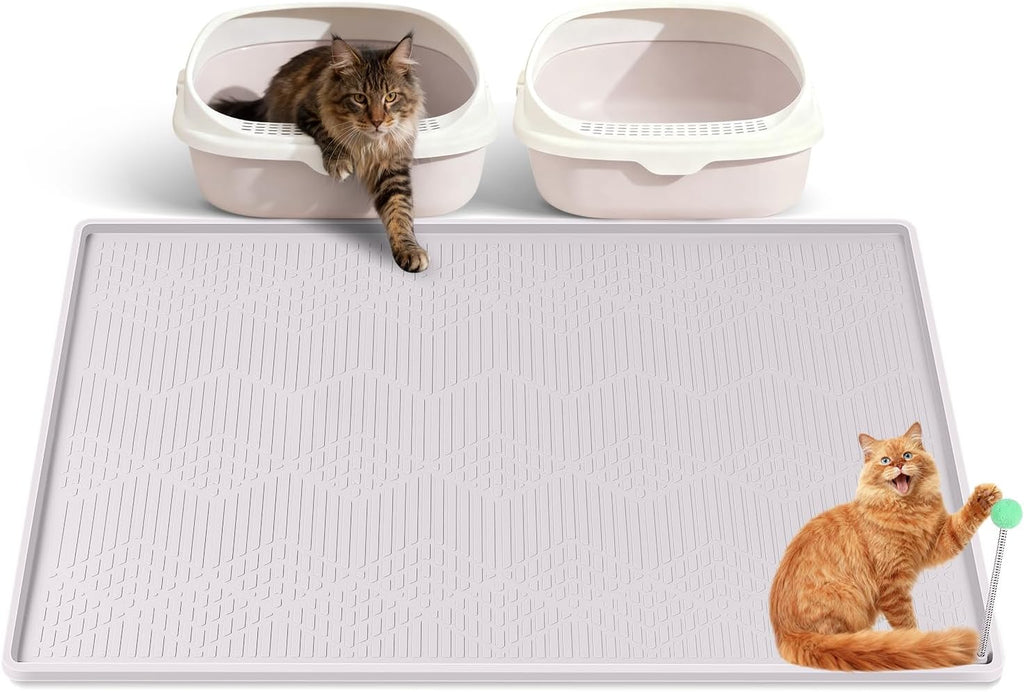 Silicone Cat Litter Box Mat 38'' x 25'' Cat Mat with Toy, White