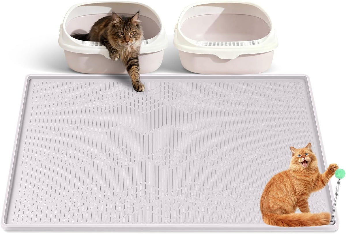 Silicone Cat Litter Box Mat 38'' x 25'' Cat Mat with Toy, White