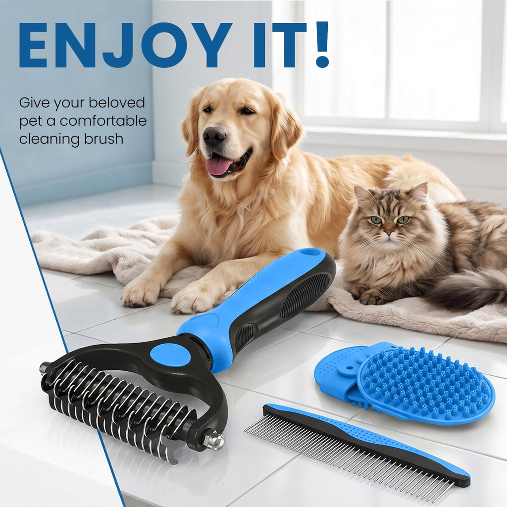 Dog Grooming Rake 4-in-1 Kit - Deshedding Undercoat Rake, Dematting Comb & Bath Massager for Dogs & Cats - Reduces Shedding up to 95% - Rounded Teeth for Sensitive Skin, Long & Short Hair