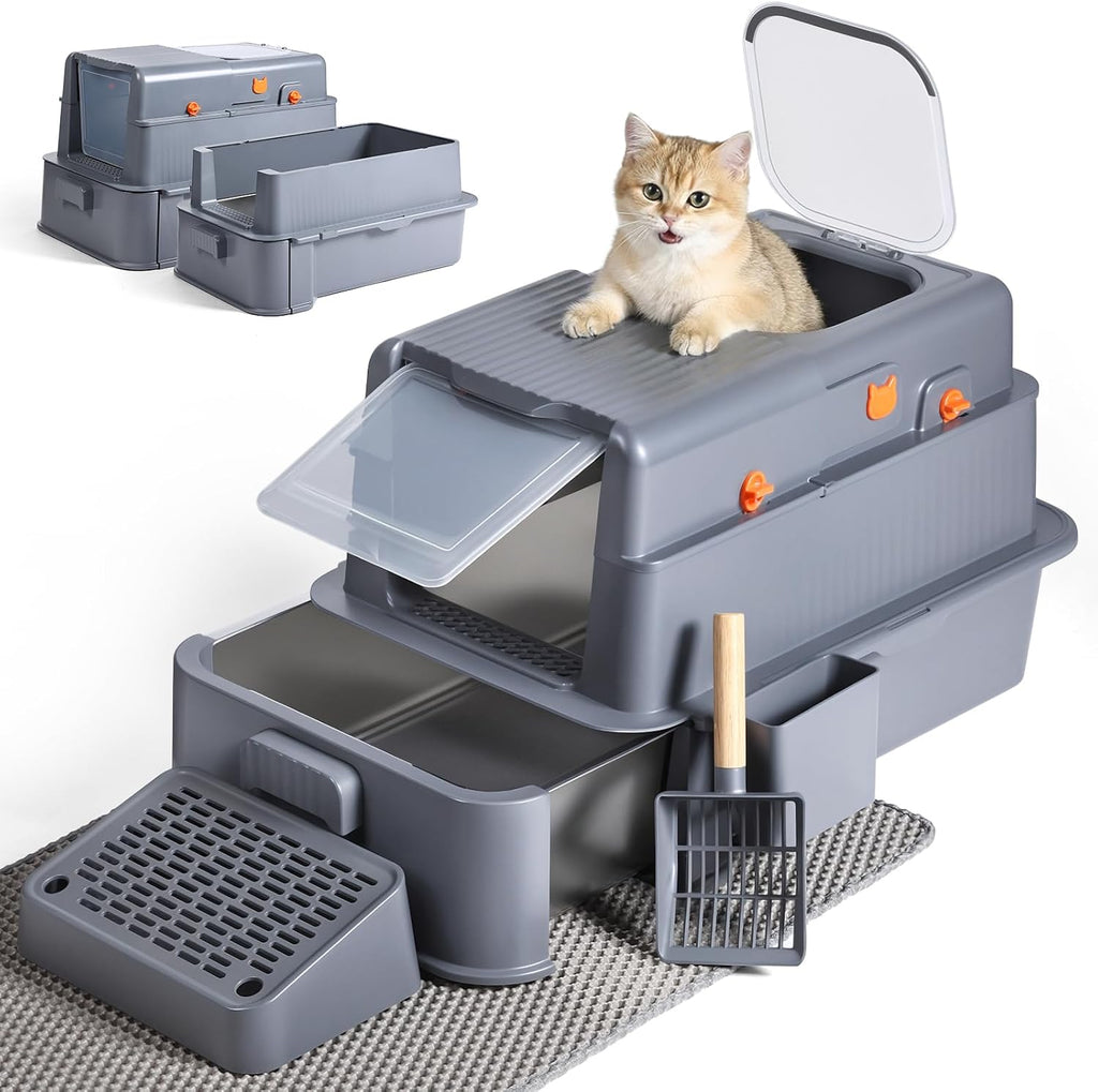 Stainless Steel Enclosed Cat Litter Box with Drawer, Extra Large Kitty Litter Box with Lid and Mat, Front & Top Entry Metal Cat Box for Big Cats, Odor Control, Easy to Clean, Grey