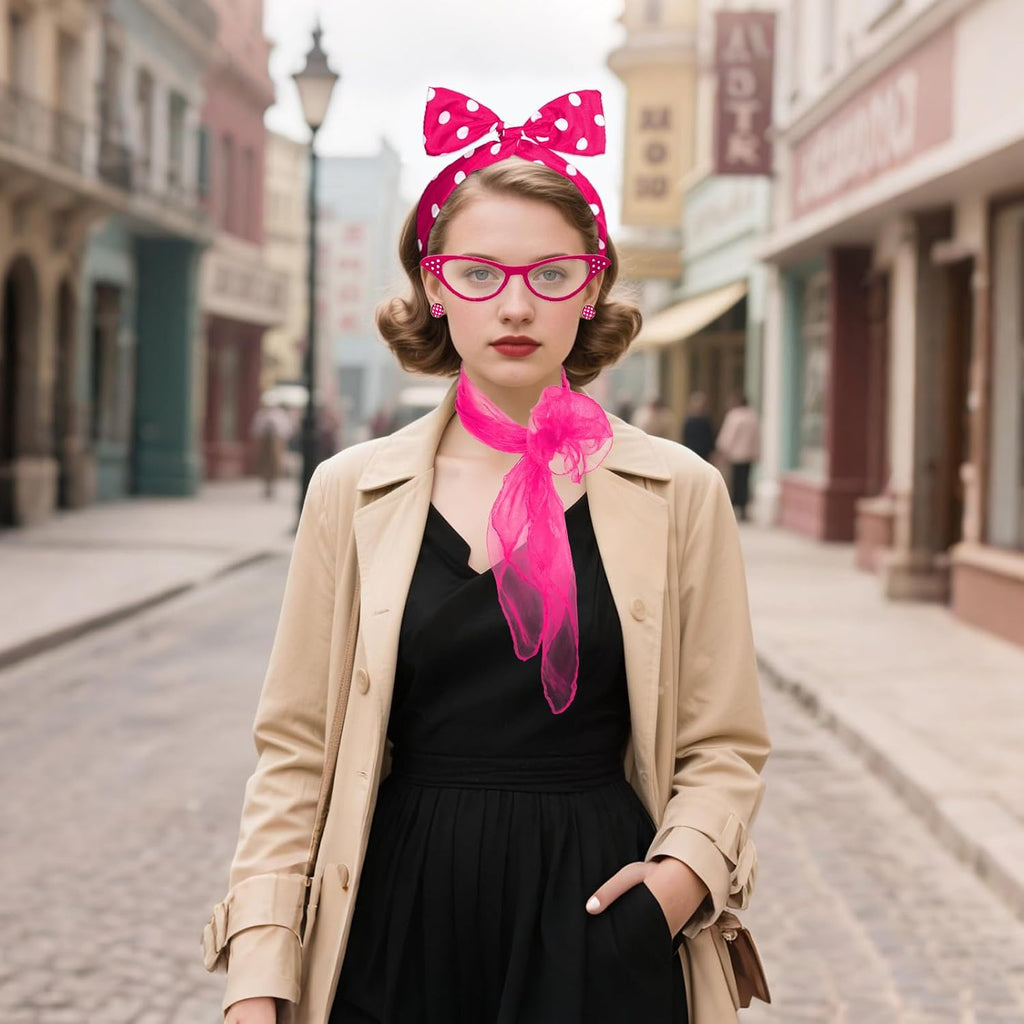 50s Set 50's Costume Accessories Chiffon Scarf Cat Eye Glasses Bandana Tie Headband Earrings for Cosplay Party