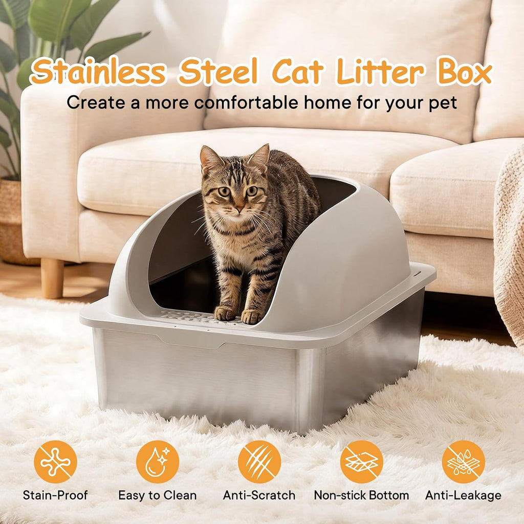 Stainless Steel Cat Litter Box, Large Metal Litter Boxes High Sides