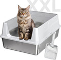 XXL Stainless Steel Cat Litter Box with High Guard Anti-Leak Scoop, Gray