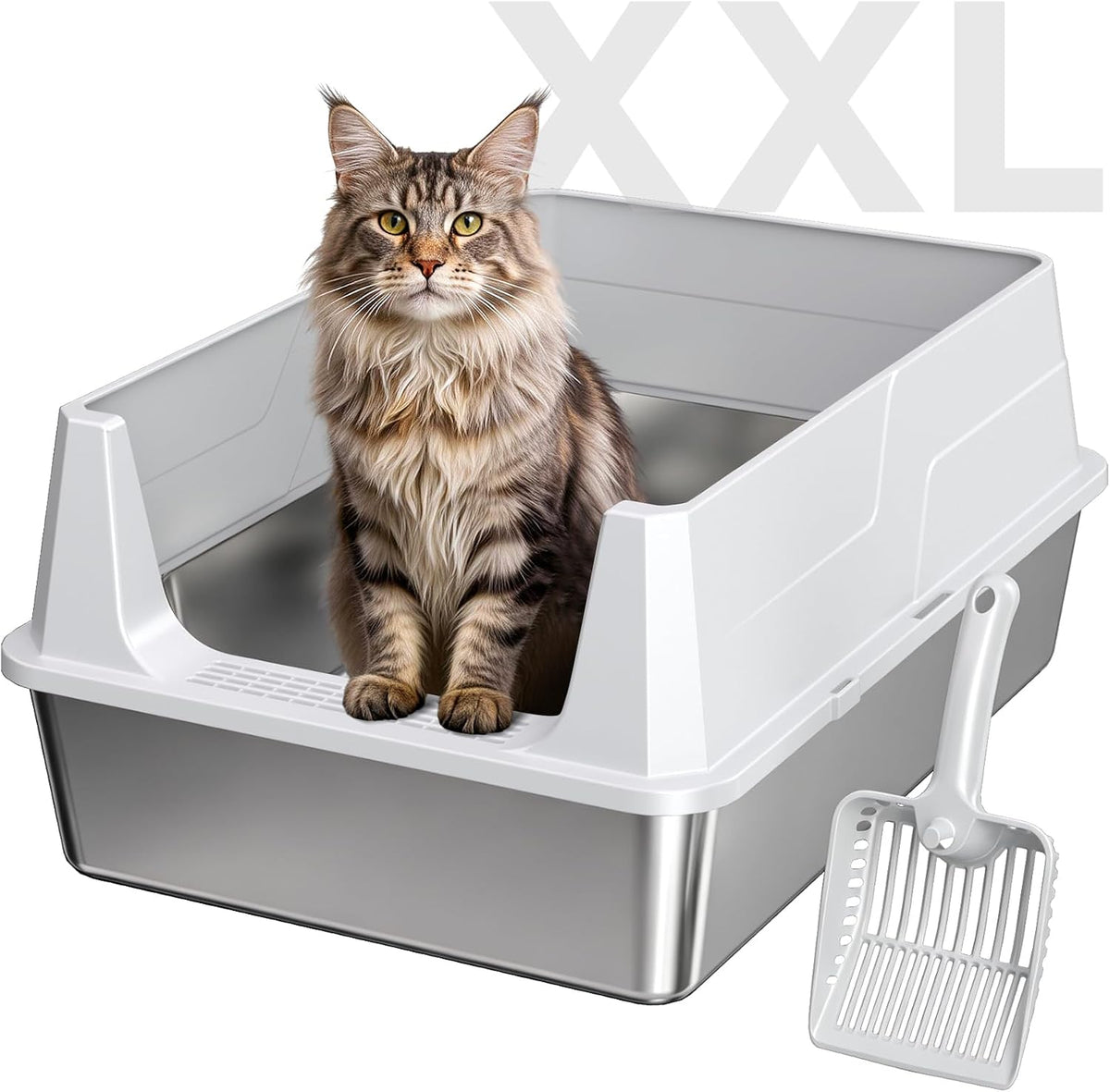 XXL Stainless Steel Cat Litter Box with High Guard Anti-Leak Scoop, Gray