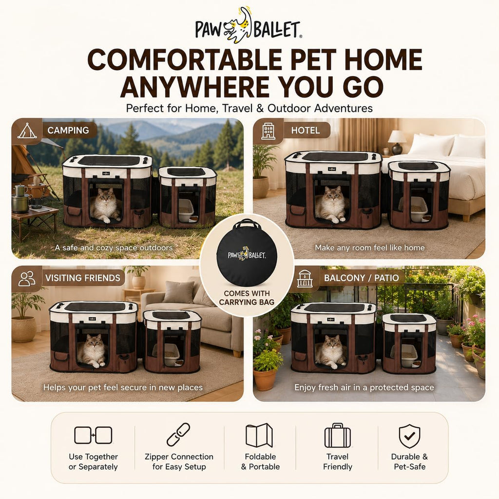 Paw Ballet 2-in-1 Dual-Zone Pet Playpen for Cats & Small Dogs, Portable Indoor Outdoor Pet Enclosure with Connected Rest & Feeding Areas, Foldable Pet Tent with Carrying Bag