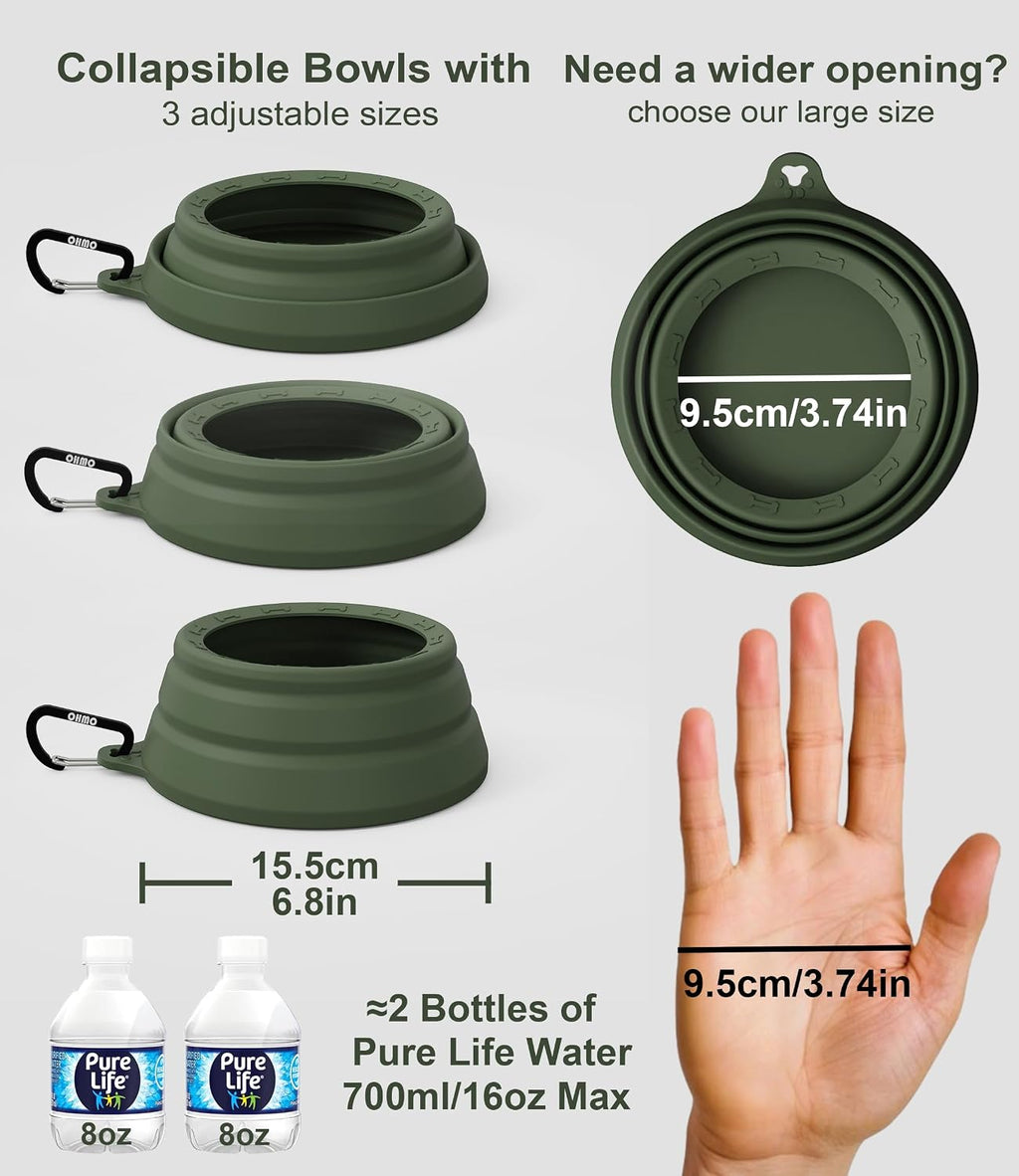OHMO Spill Proof Collapsible Dog Bowl, 24oz Portable Dog Water Bowl | Low Center Gravity Stability, Tapered Splash Control, Foldable Cat Bowl, Dishwasher Safe, Dog Travel Essential, Camo Green