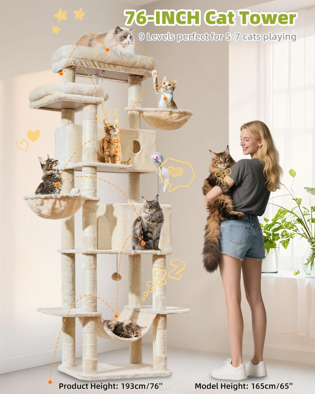 Taoqimiao 76in Cat Tree, Tall Sturdy Cat Tower for Large Indoor Cats MS046M