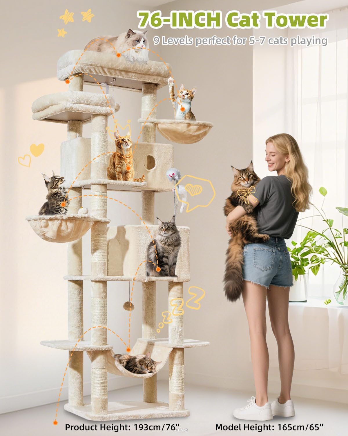 Taoqimiao 76in Cat Tree, Tall Sturdy Cat Tower for Large Indoor Cats MS046M