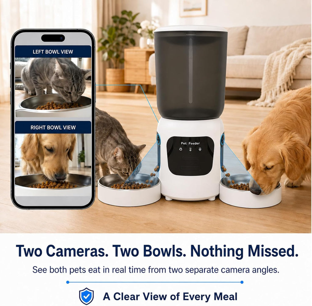 Automatic Cat Feeder for 2 Cats with Dual Cameras, 6L Dual Bowl Pet Feeder