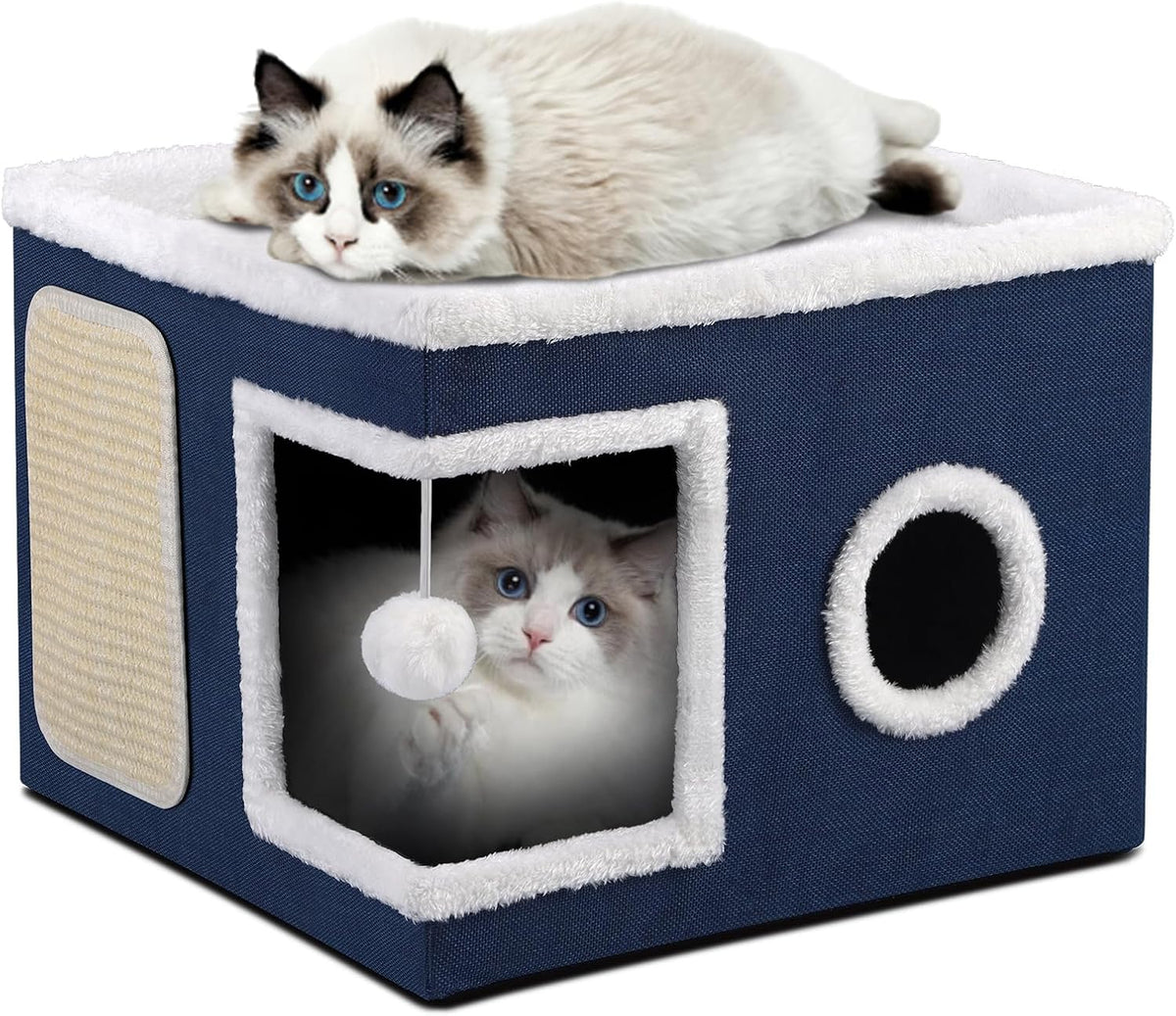 Shikha Cat House Bed for Indoor Cats with Fluffy Ball and Scratch Pad Blue