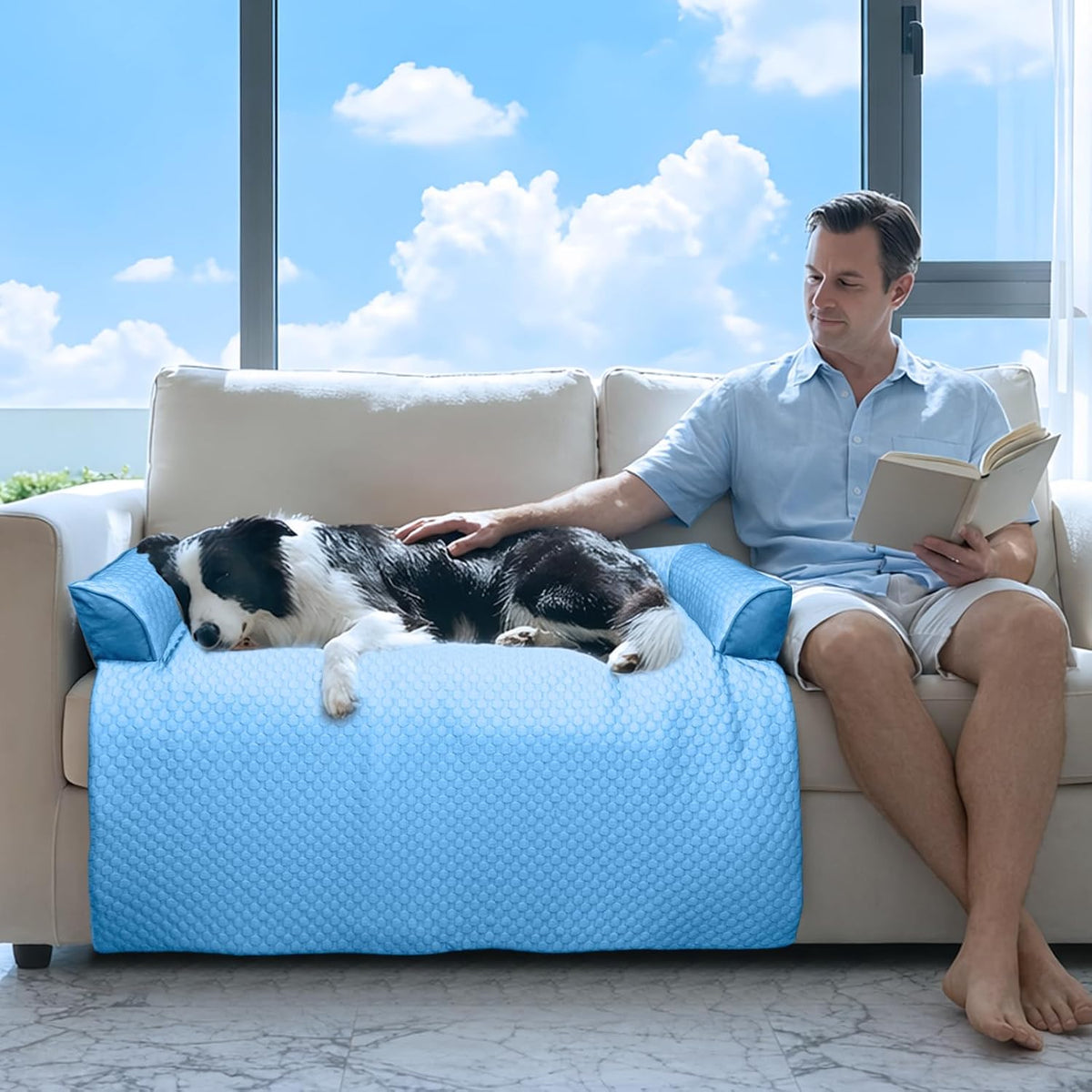 GGIB Dog Bed Mat with Bolster Pillow Washable Dog Couch Cover Breathable Pet Couch Bed Protector Indoor(Large, Cooling Blue)