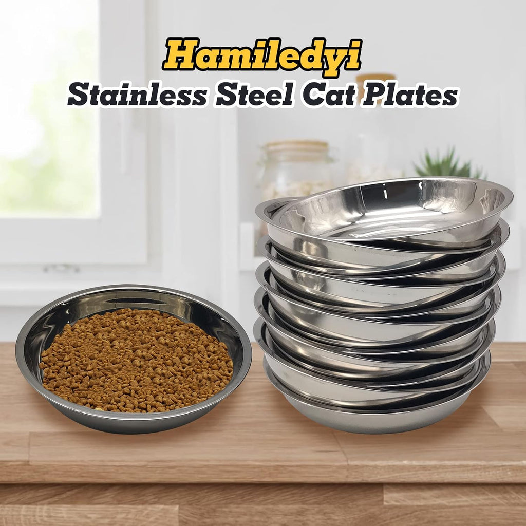 Hamiledyi 12 Pcs Stainless Steel Cat Bowls Replacement Whisker Fatigue Relief Cat Plates Pet Water Dish Shallow Kitten Bowls Pet Bowls for Dogs Cats and Other Small Animals (7.68 Inch Diameter)