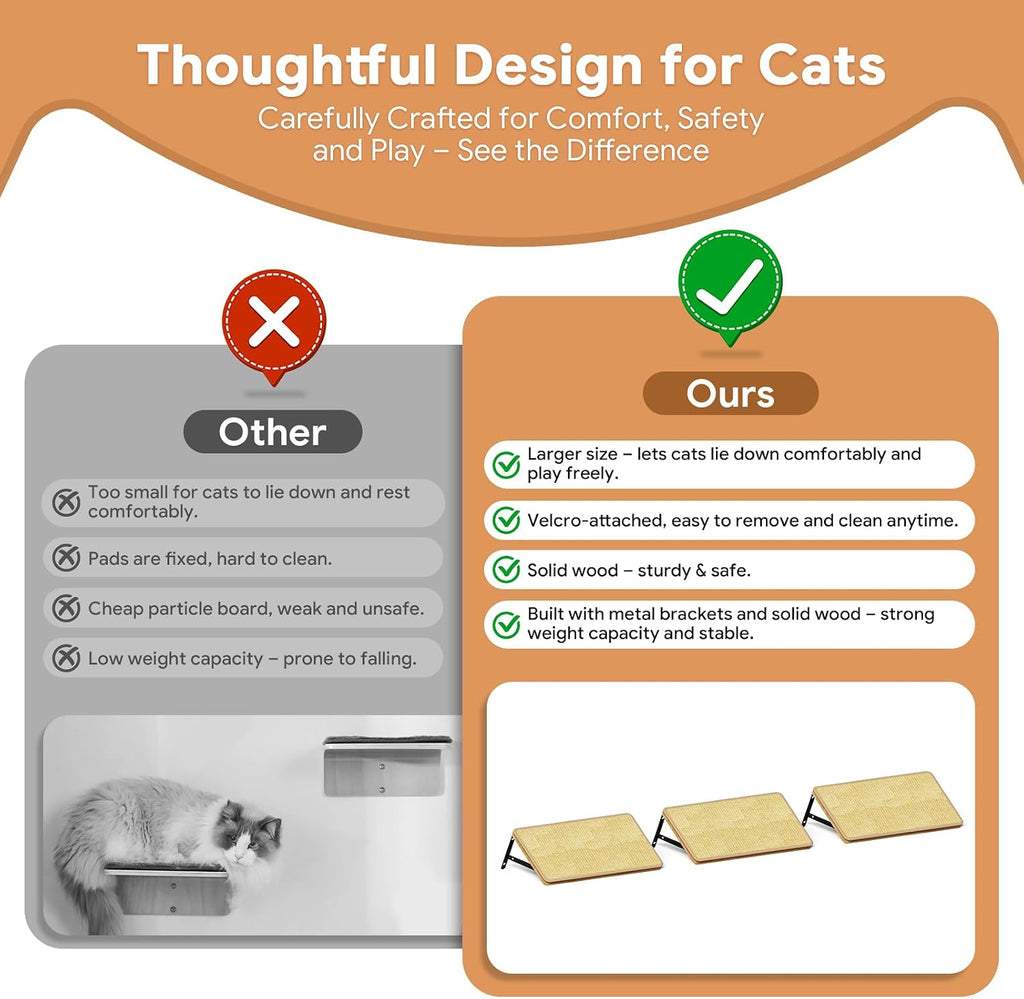 3Pcs 16.5"×10" Large Cat Wall Shelves - Wall Mounted Cat Shelves, Natural Wood with Fixtures for Large Cats and Kittens for Household Pets Sleeping, Playing, Climbing
