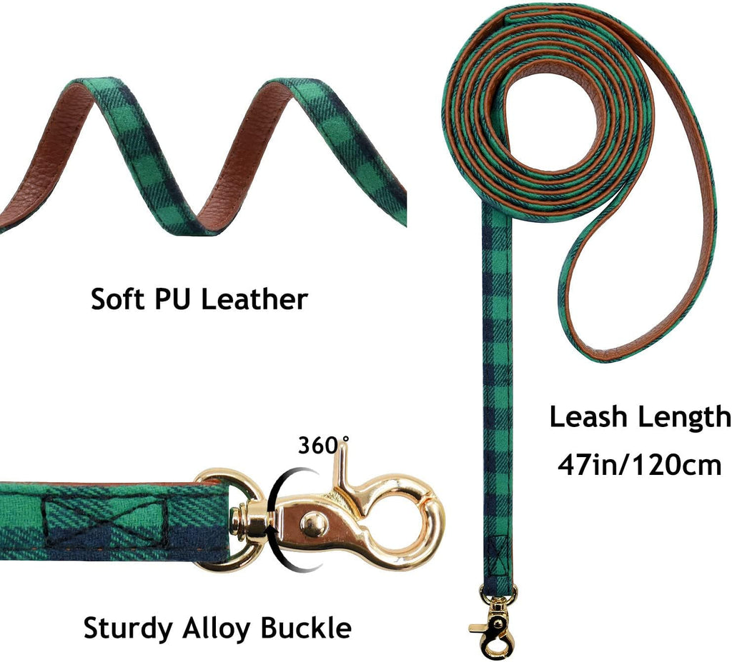 3PCS Bow Tie Dog Collar and Leash Set Plaid/Camo/Dots/Flower Dog Bandanas with Bell 3 Size Adjustable for Small Dogs Puppies and Cats (XS, Green Plaid)