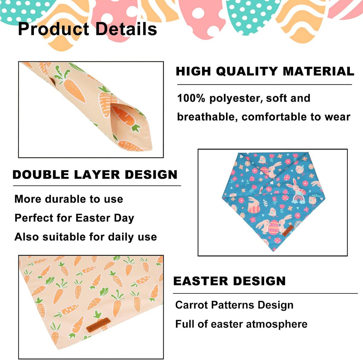 ADOGGYGO Easter Dog Bandanas, Rabbit Carrot Pet Scarf, Multi Size Offered, Orange Blue Easter Bandana for Extra Large Dogs Pets (X-Large)