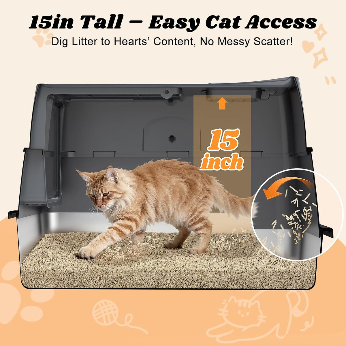 AIPERRO Enclosed Stainless Steel Cat Litter Box with Lid High Sided | Enclosure FILP-Top Metal Litter Boxes with Scoop Set for Big Cats | Odor‑Resistant | Non-Sticky, Anti-Leakage & Easy Cleaning